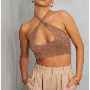 Brown Towelling Cross Over Halter Crop Top